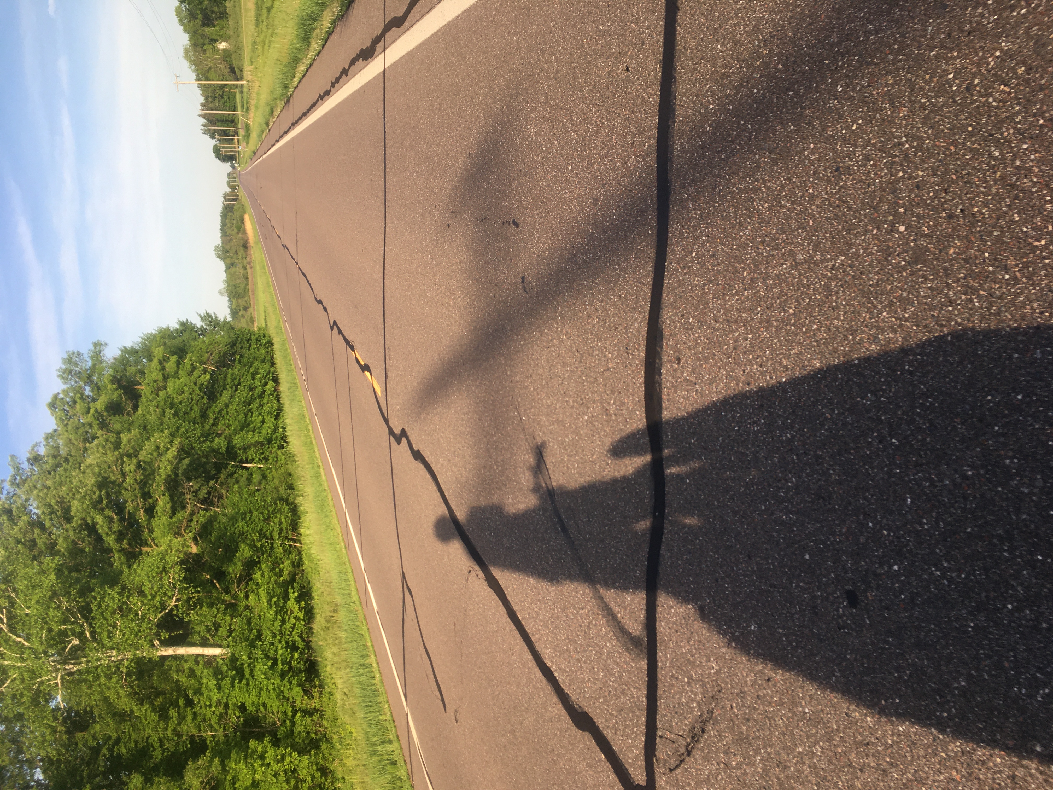 Shadow selfie! A biker with lots of panniers casts a shadow on the road. On either side of the road are wooded and grassy areas