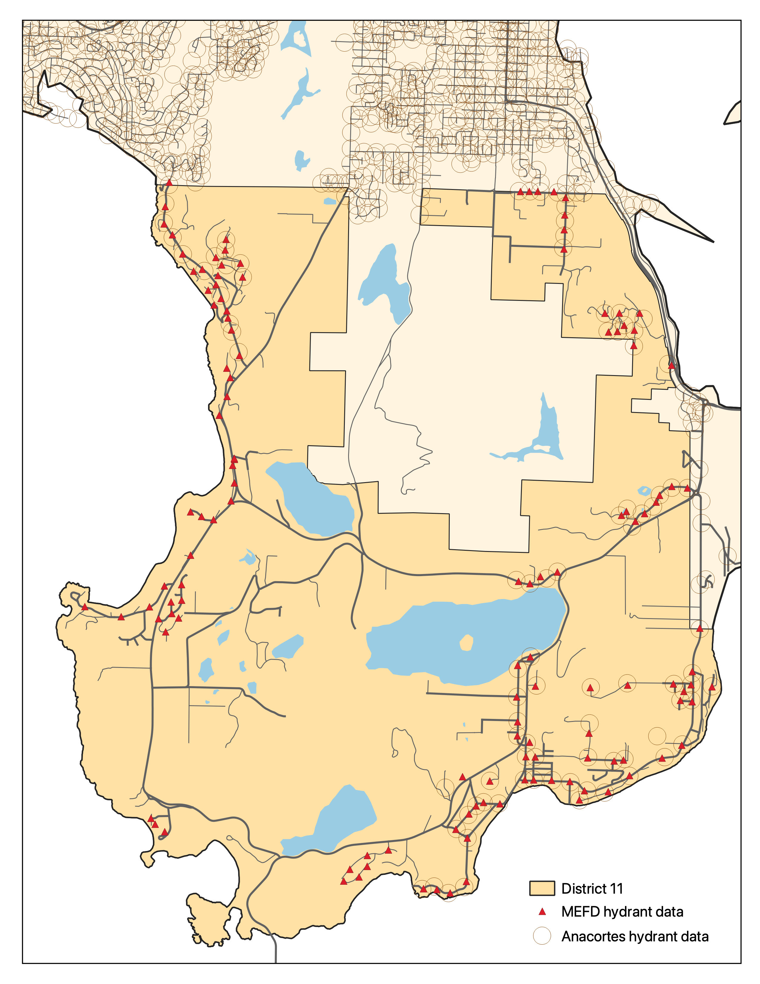 A map of MEFD's district, with county hydrant locations marked with small red triangles and AFD/PUD locations marked with a transparent red circle.