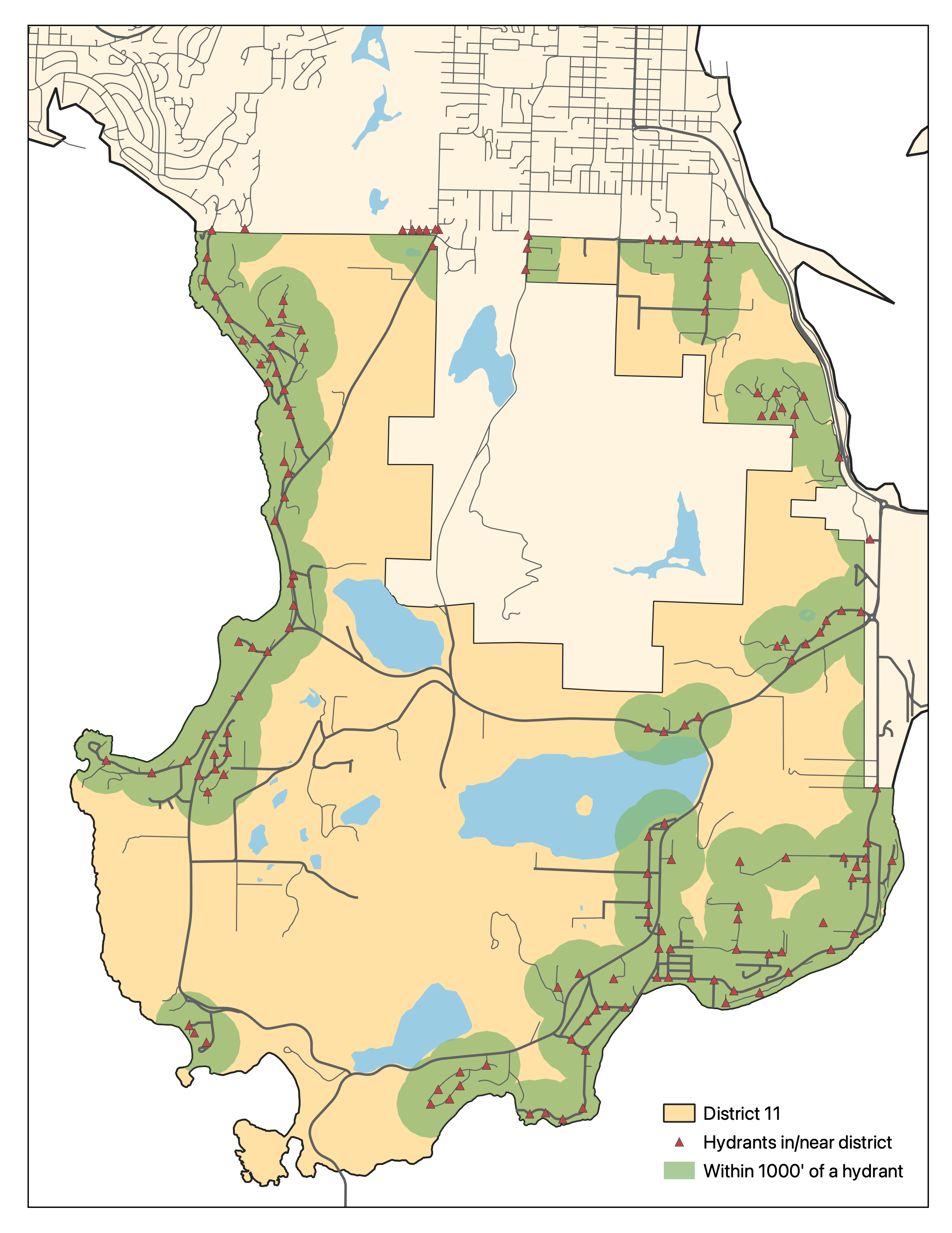 A map of MEFD's district with all hydrant locations marked. A green buffer of 1000 feet around hydrants is also shown, to demo what areas we might possibly be able to reach with hydrant water supply.