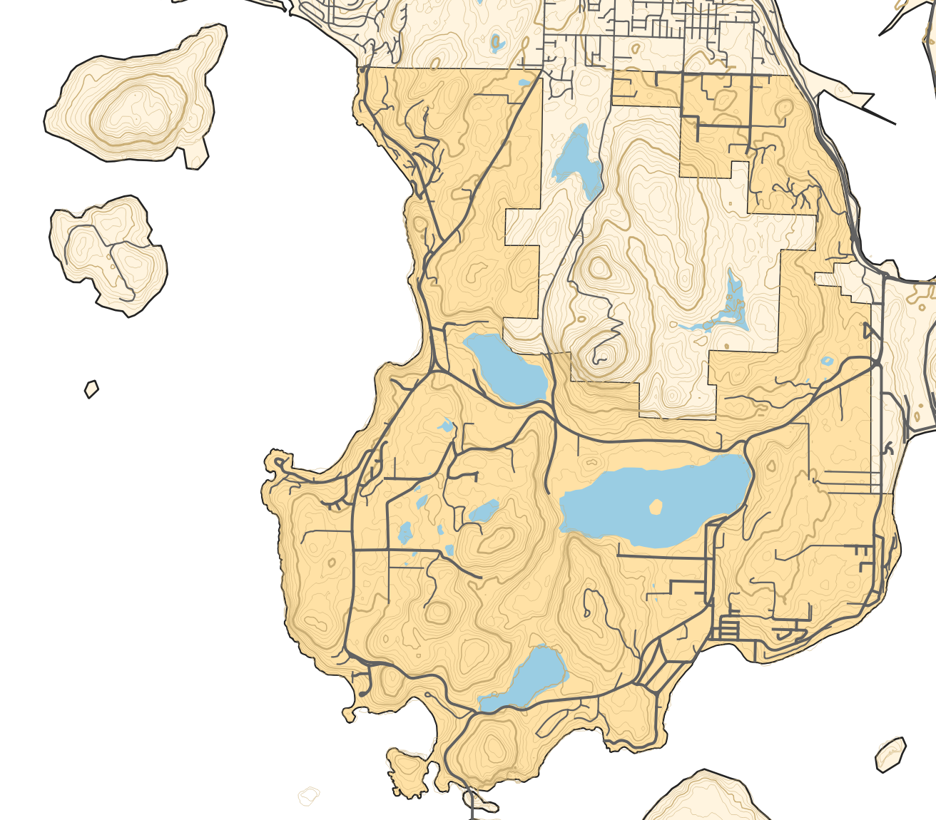 A map of MEFD's district, with roads shown in black and topography shown in dark yellow.