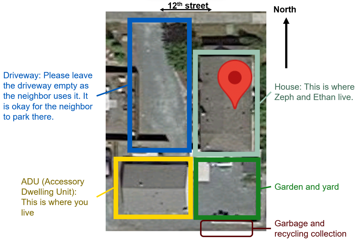 Breakdown of driveway, house, ADU, yard.