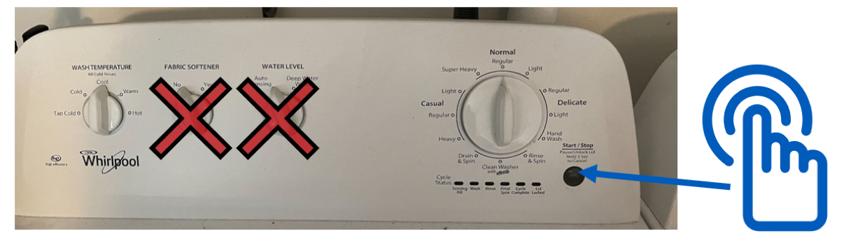 Put soap and laundry in, then press gray button to start. For dryer, turn to leaf and then press the knob on the right to start